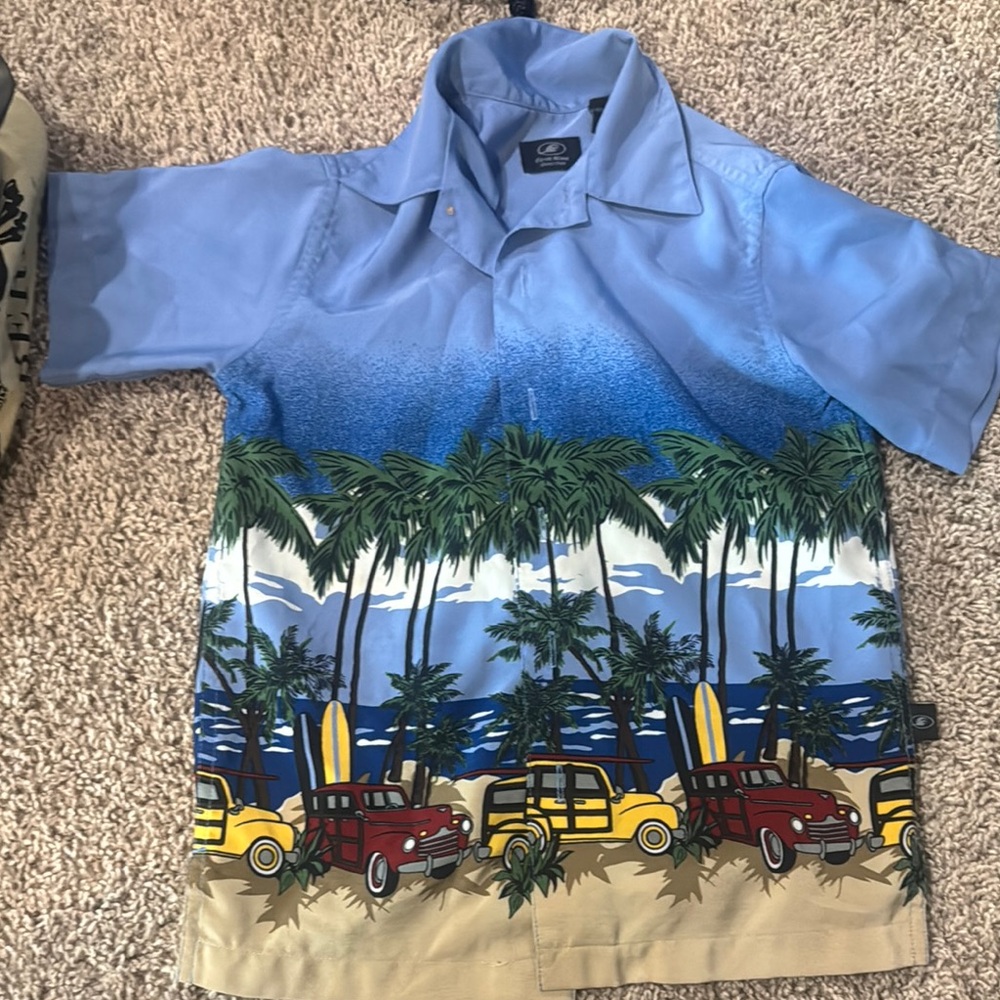 First Wave Blue and Green Button Down Shirt with Tropical Print